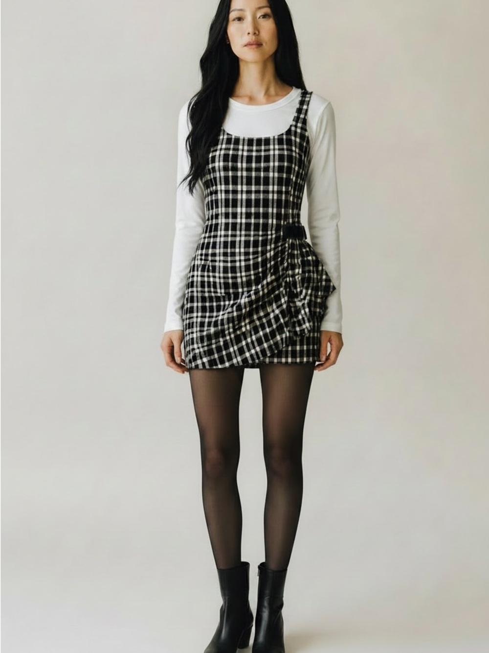 Zara Black & White Plaid Square-Neck Mini Dress